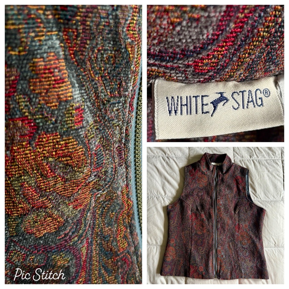 Vtg White Stag Tapestry Vest Women's L Zip Multi Floral Boho Eclectic Grannycore